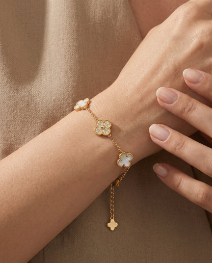 Mother-of-Pearl Clover Bracelet worn on wrist