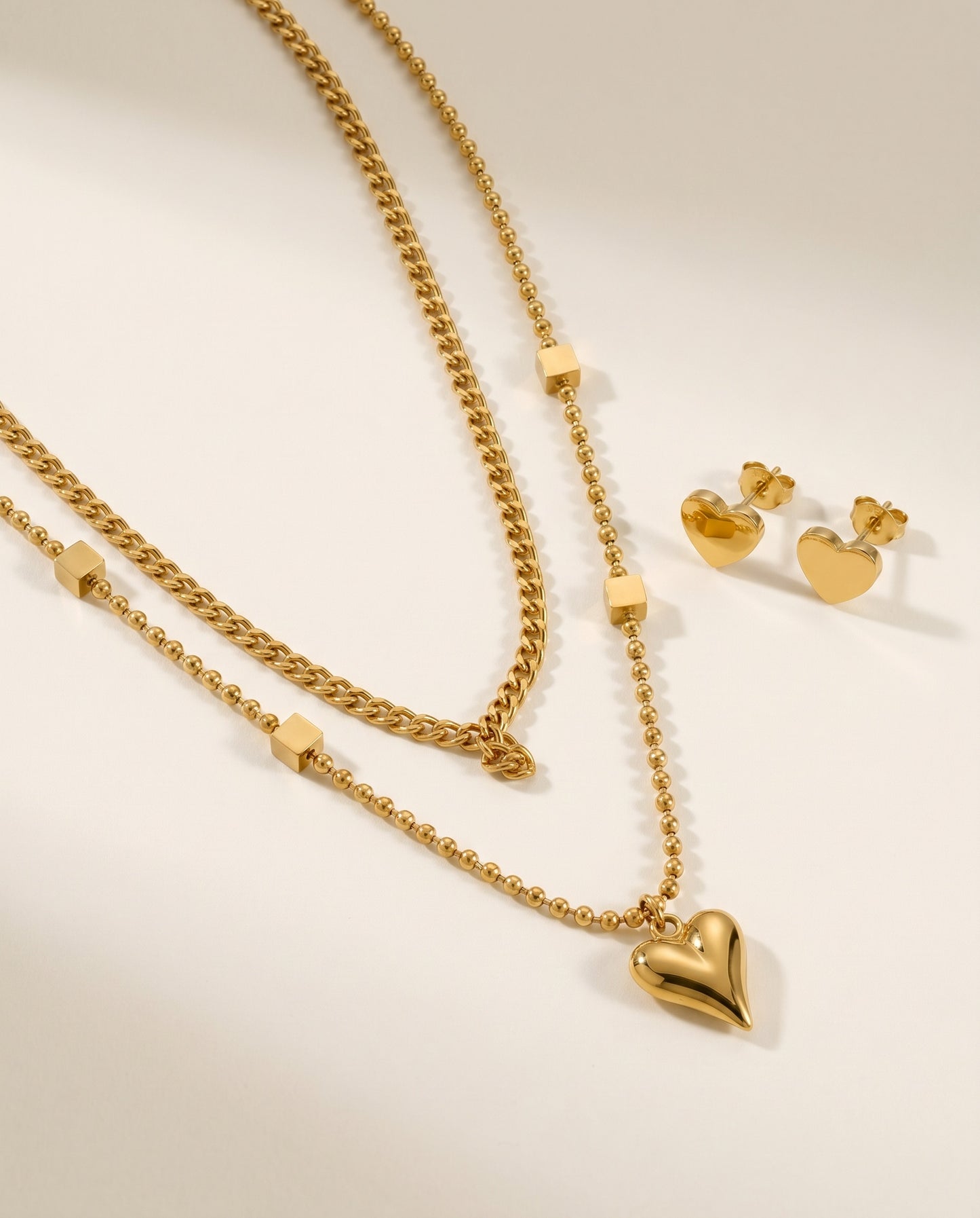 Heart Double Necklace Set - gold layered heart pendant necklace with matching heart stud earrings
