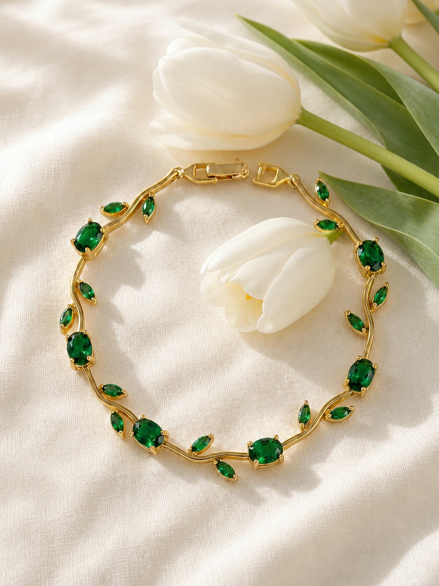 Green Tulip Bracelet with white tulips on cream linen