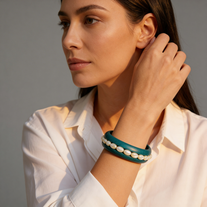 Teal Pearl Bangle - On Model Wrist