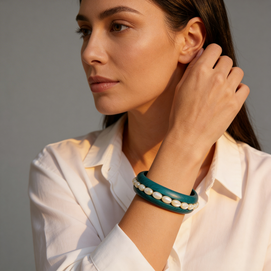 Teal Pearl Bangle - On Model Wrist