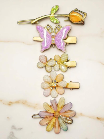 Set of 5 Multicolor Floral & Butterfly Hair Clips