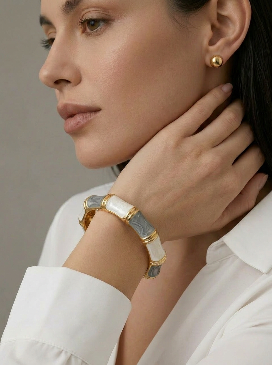 Gold White and Grey Bamboo Bangle - On Model