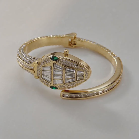 Snake Watch Bracelet – close-up video of the gold serpent and crystal stones