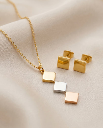 Tri-Tone Rhombus Necklace Set - close-up detail