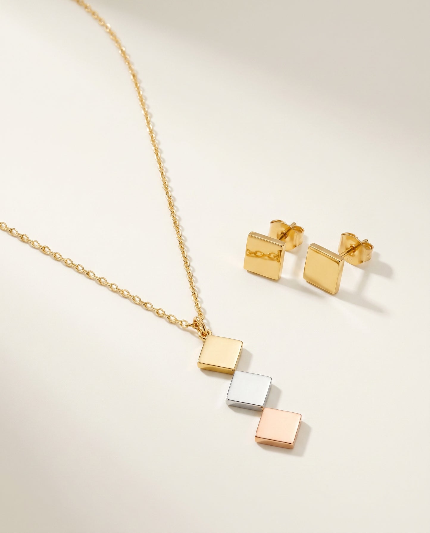 Tri-Tone Rhombus Necklace Set - gold, silver and rose gold rhombus pendant necklace with square stud earrings