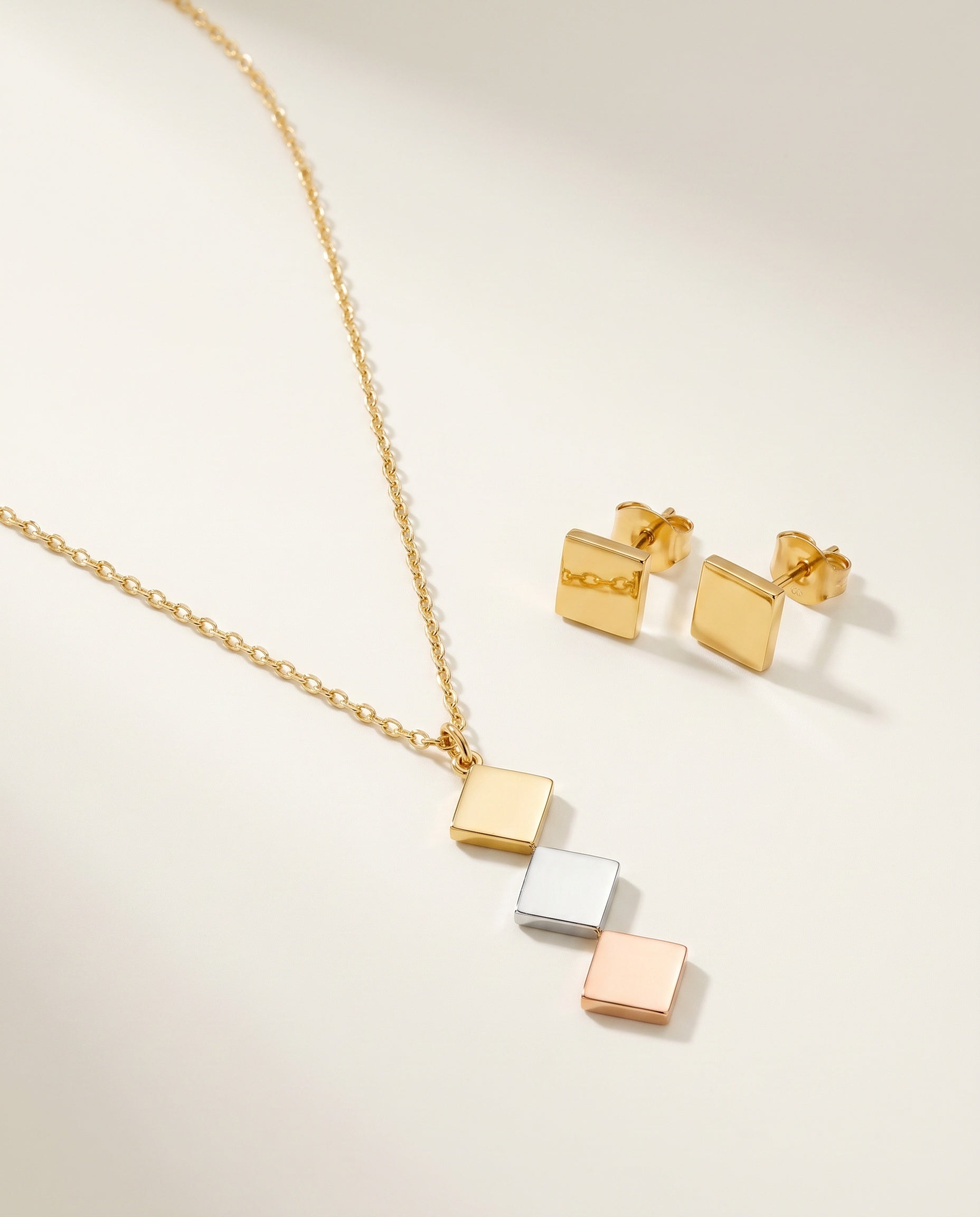 Tri-Tone Rhombus Necklace Set - gold, silver and rose gold rhombus pendant necklace with square stud earrings