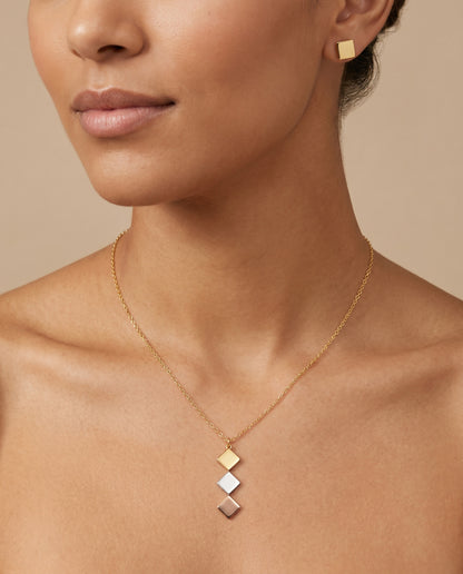 Tri-Tone Rhombus Necklace Set worn on model