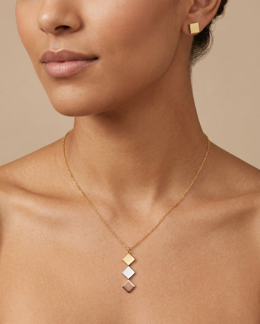 Tri-Tone Rhombus Necklace Set worn on model