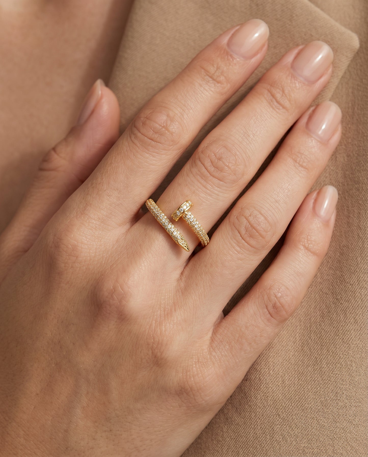 Pave Nail Wrap Ring worn on finger