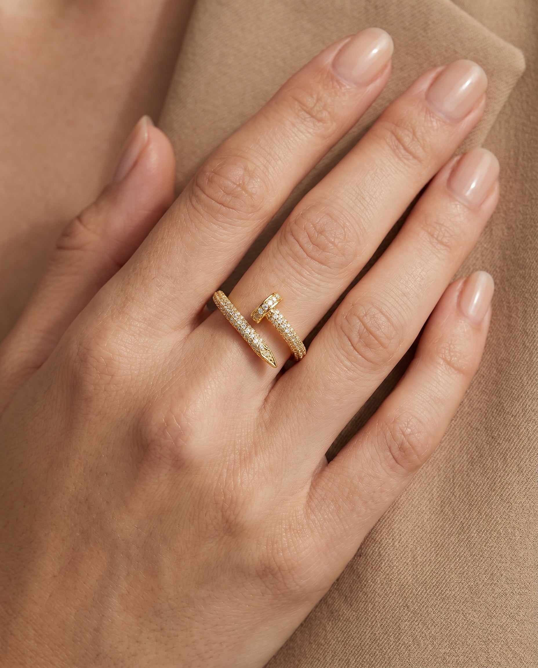 Pave Nail Wrap Ring worn on finger